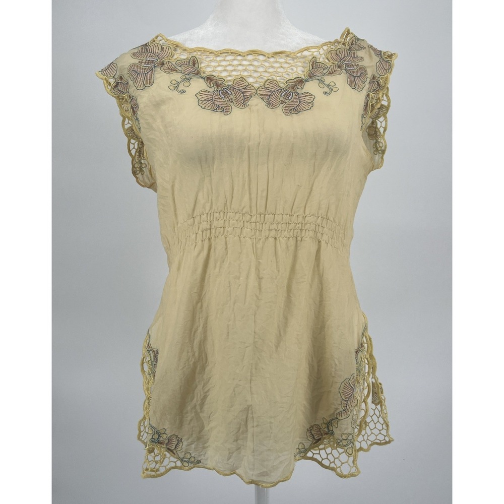 VTG Y2K Forever 21 Silk Cotton Sheer Top Smocked Embroidered Shirt Coquette SM
